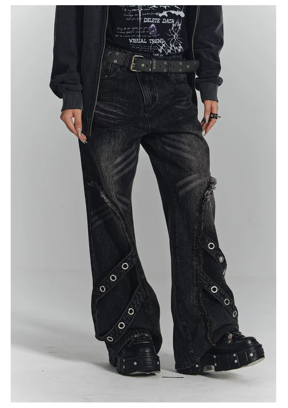 Washed Frayed Wide-Leg Straight Denim Jeans