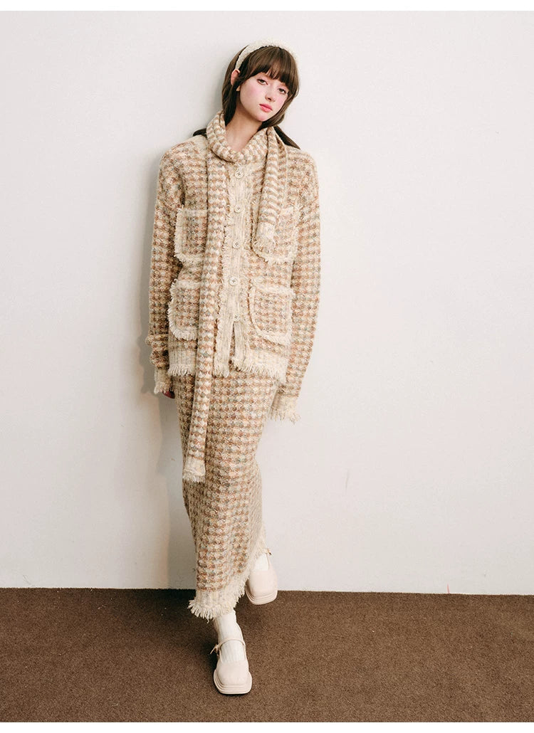 Plaid Button Cardigan & Scarf & Long Skirt Setup