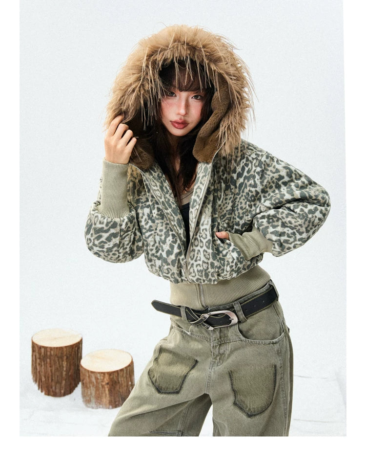 Leopard Print Fur-Trim Hood Puffer Jacket