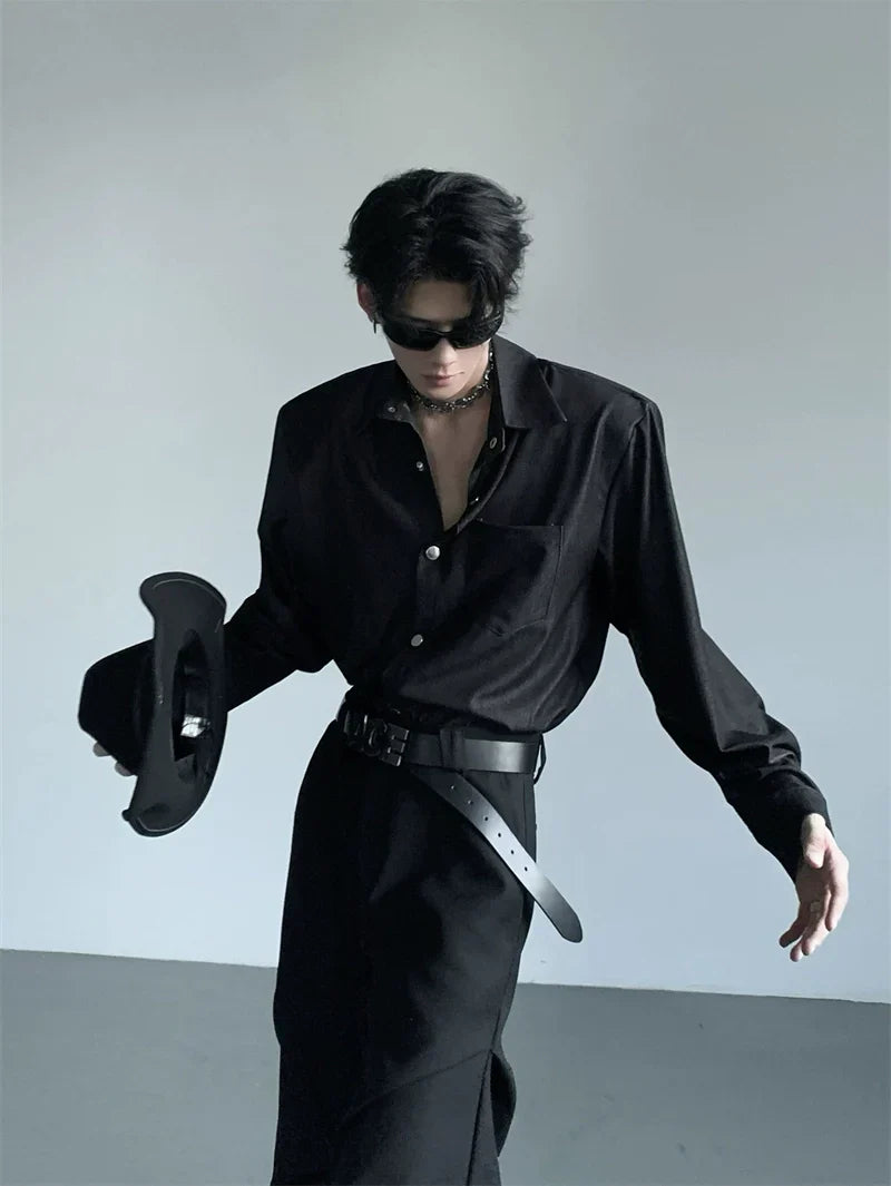 Studs Button Design Shoulder-Pad Long Sleeve Shirt