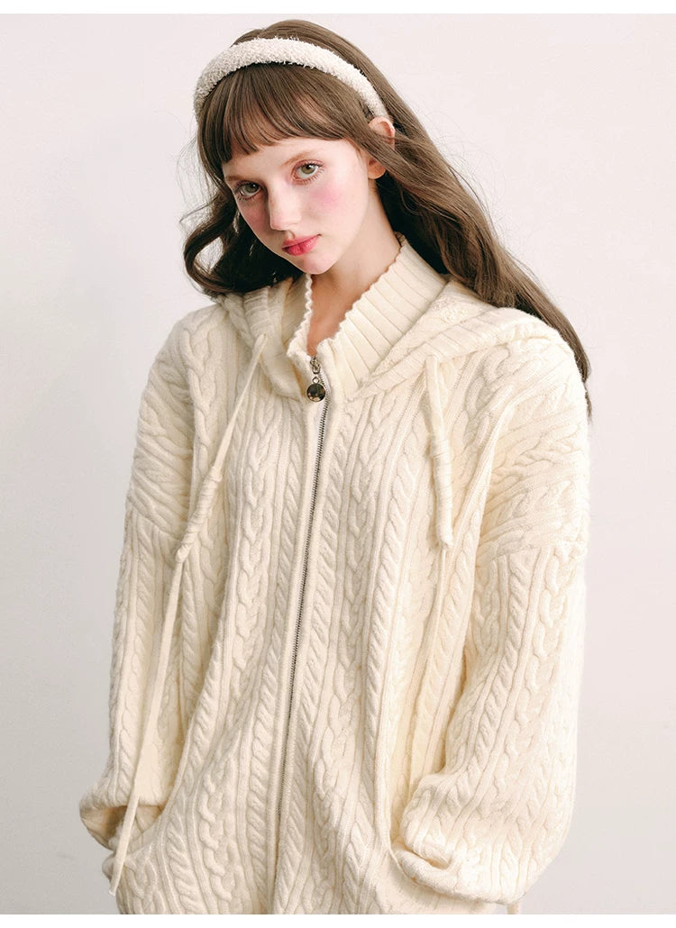 Bunny Hare Ear Hooded Zipper Knit Cardigan & Knit Skirt Setup
