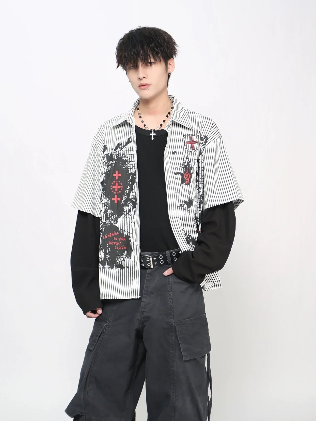 Graffiti Gothic Print Fake Layered Long Sleeve Shirt
