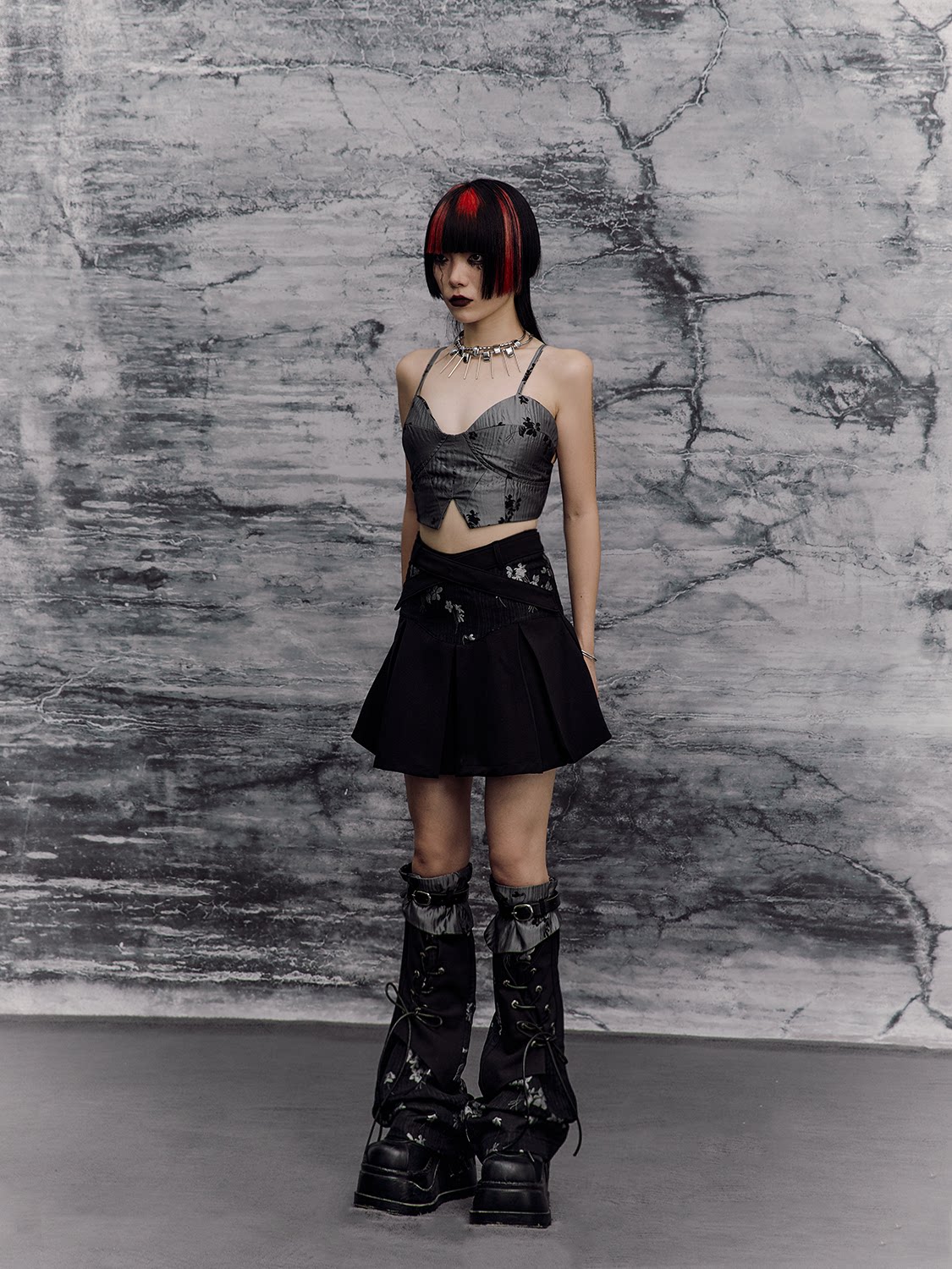 Chinese Style A-Line Jacquard Pleats Short Skirt