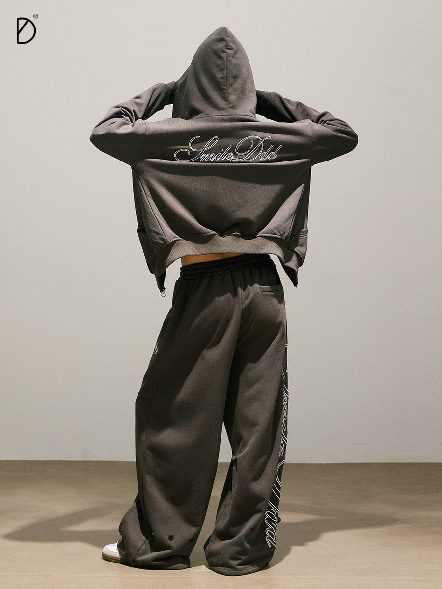 Letter Print Zipper Hoodie & Letter Print Wide Leg Sweatpants Setup