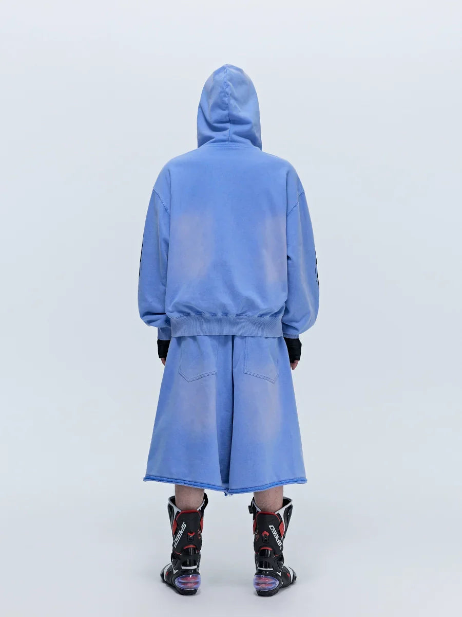Oversize Washed Print Zipper Hoodie & Wide-leg Half Sweatpants Setup