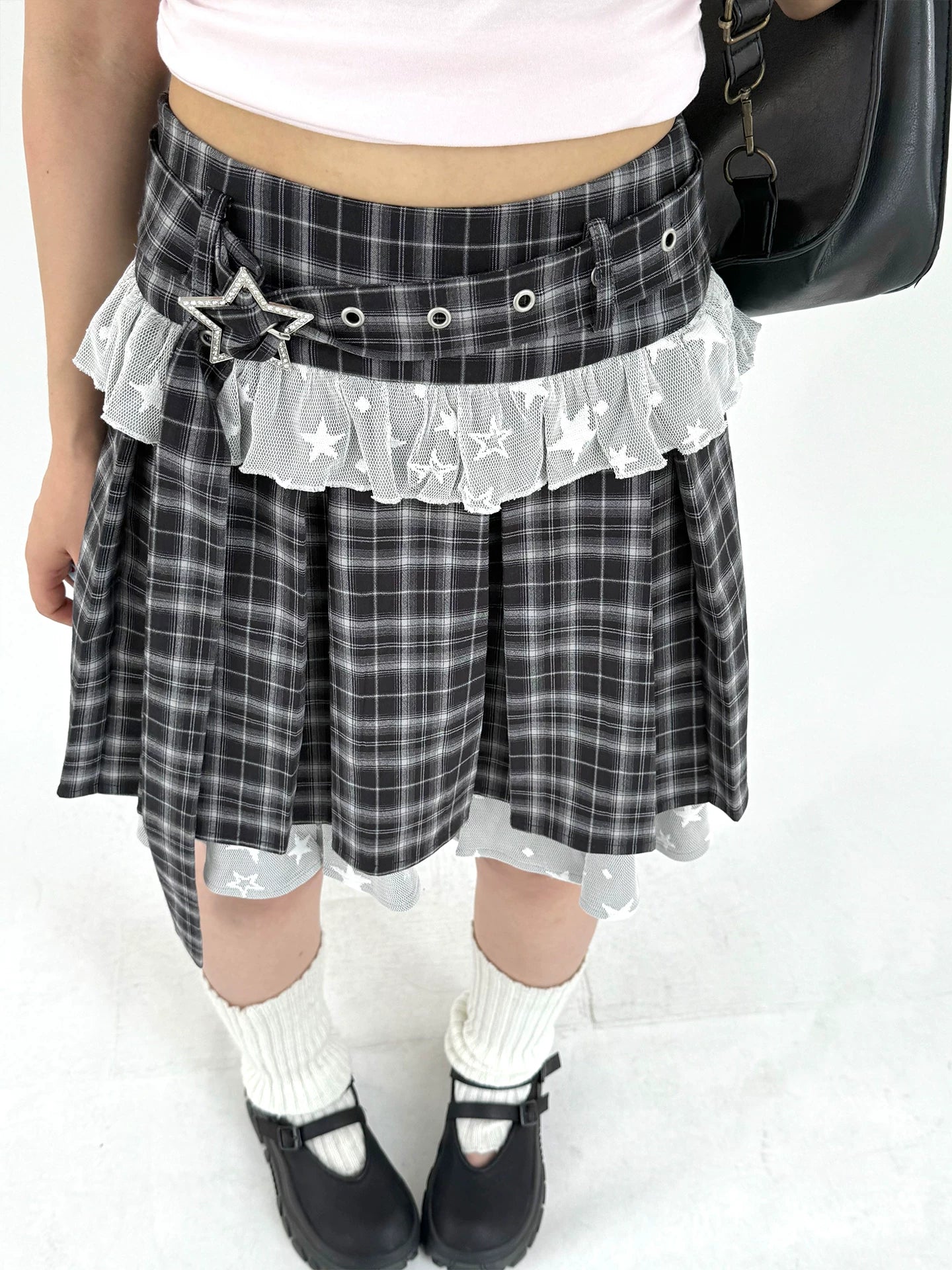 Plaid Lace Layered Star A-Line Short Skirt