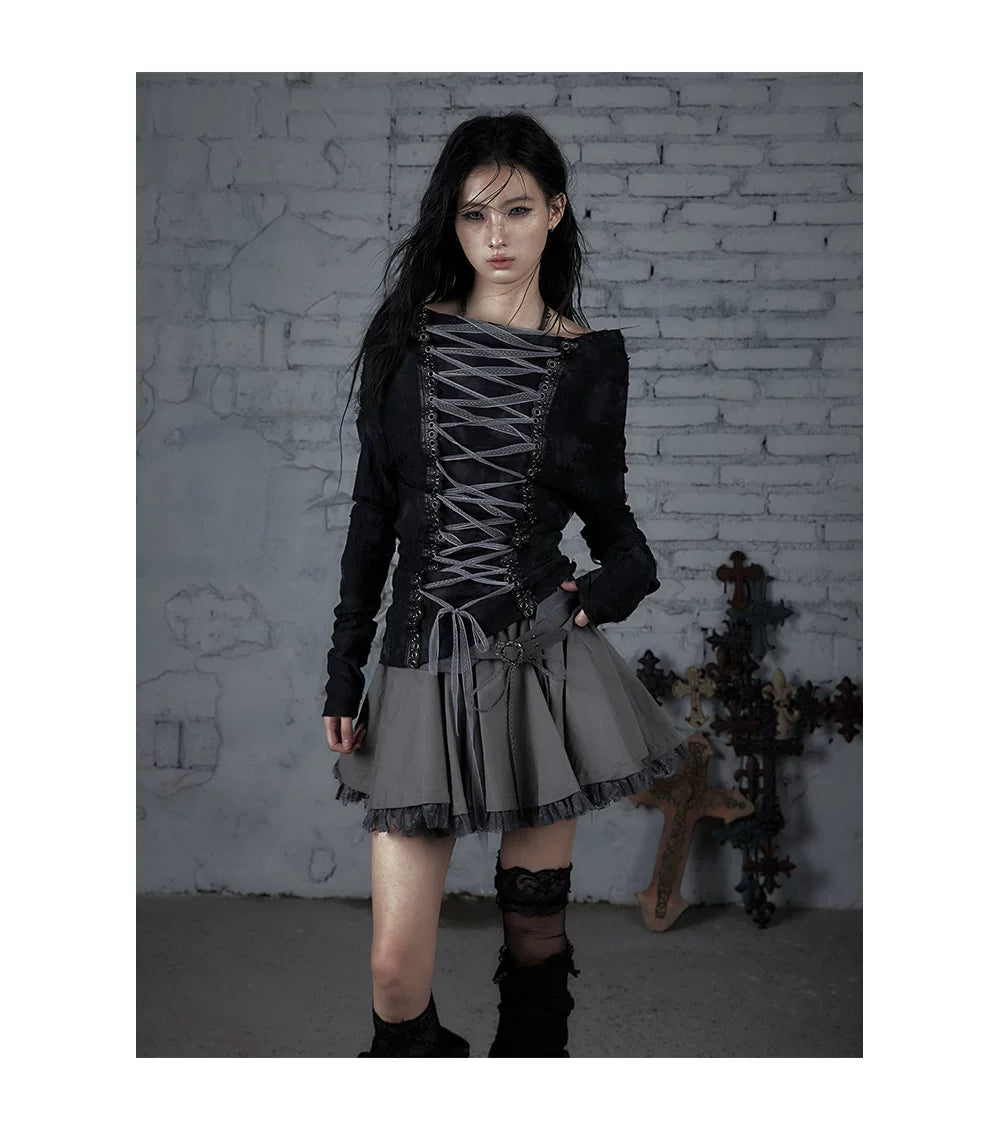 Off-Shoulder Print Slim Fit Long Sleeve T-Shirt