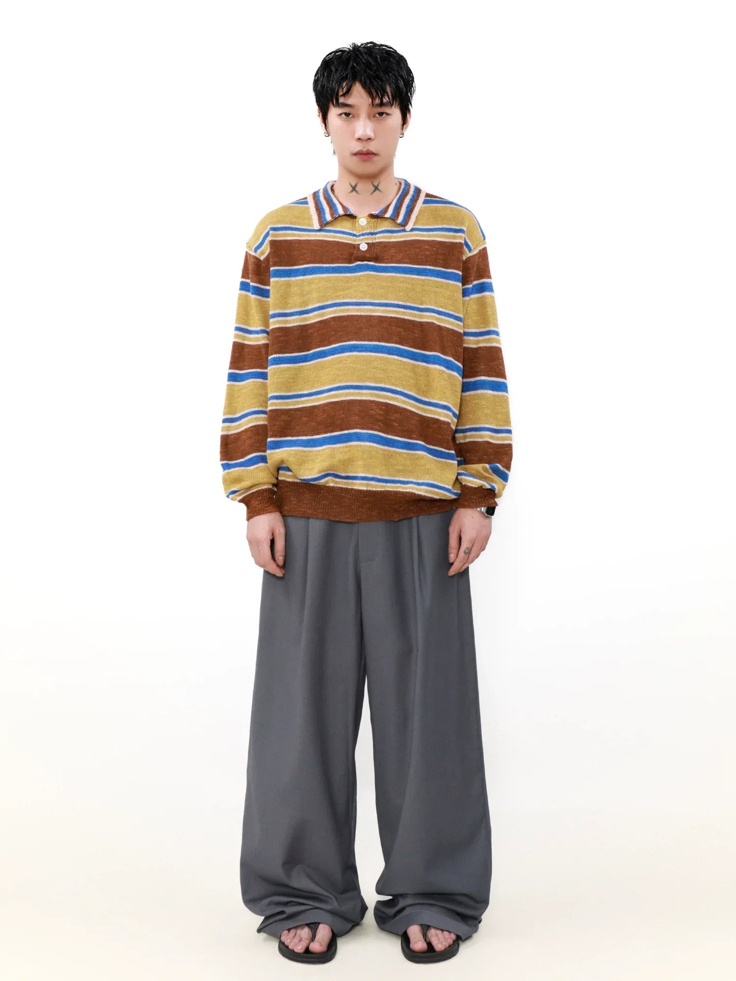 Contrast Stripe Polo Knit Sweater