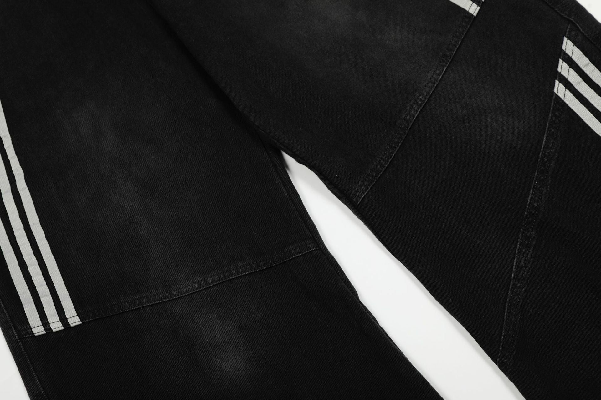Deconstructed Three-Stripe Curved Wide Leg Denim Jeans