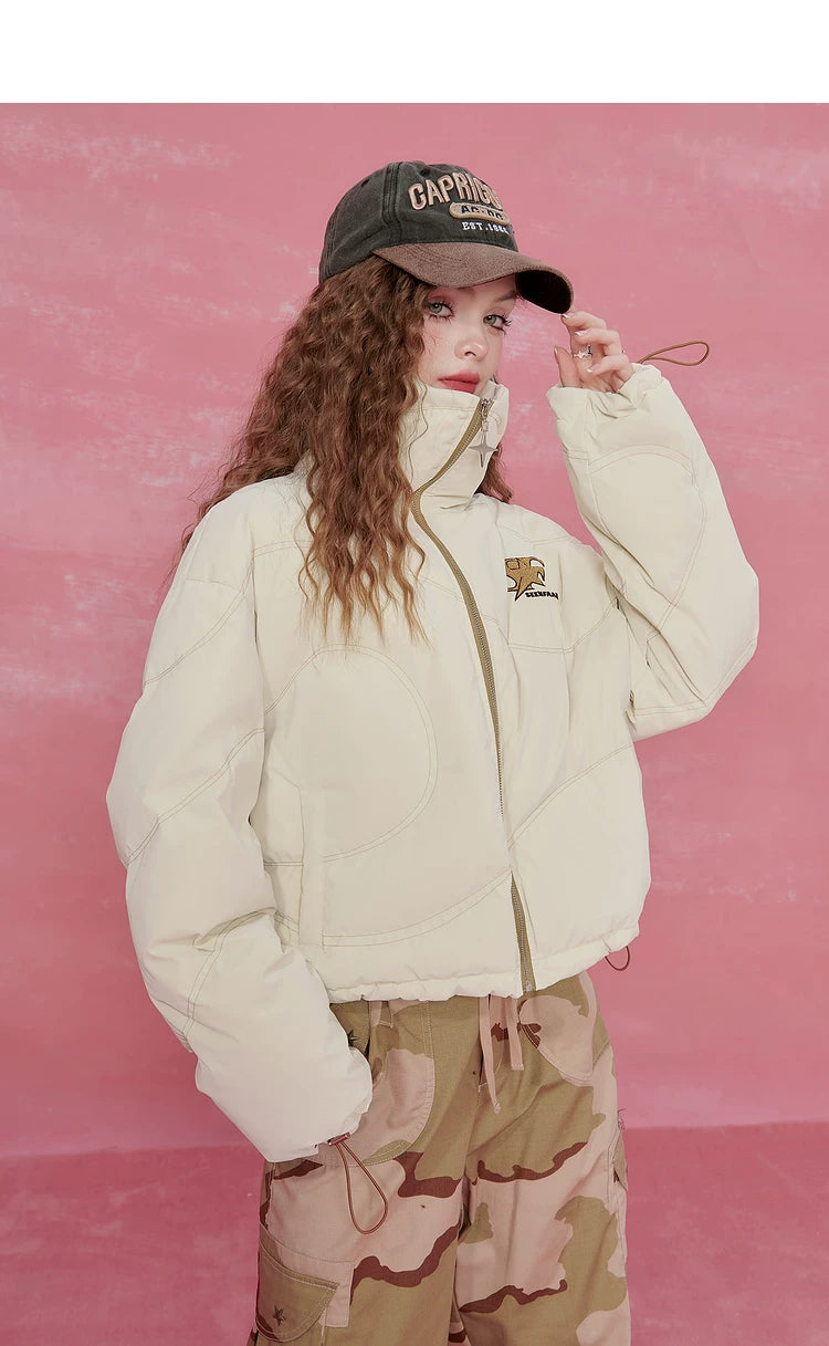 Letter Print High-Neck Short White Duck Down Jacket
