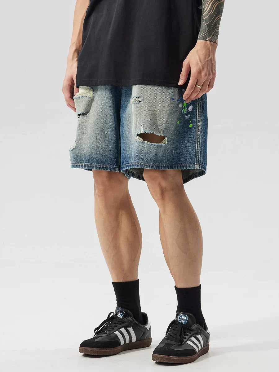 Raw Hem Damage Drawstring Washed Half Denim Jeans