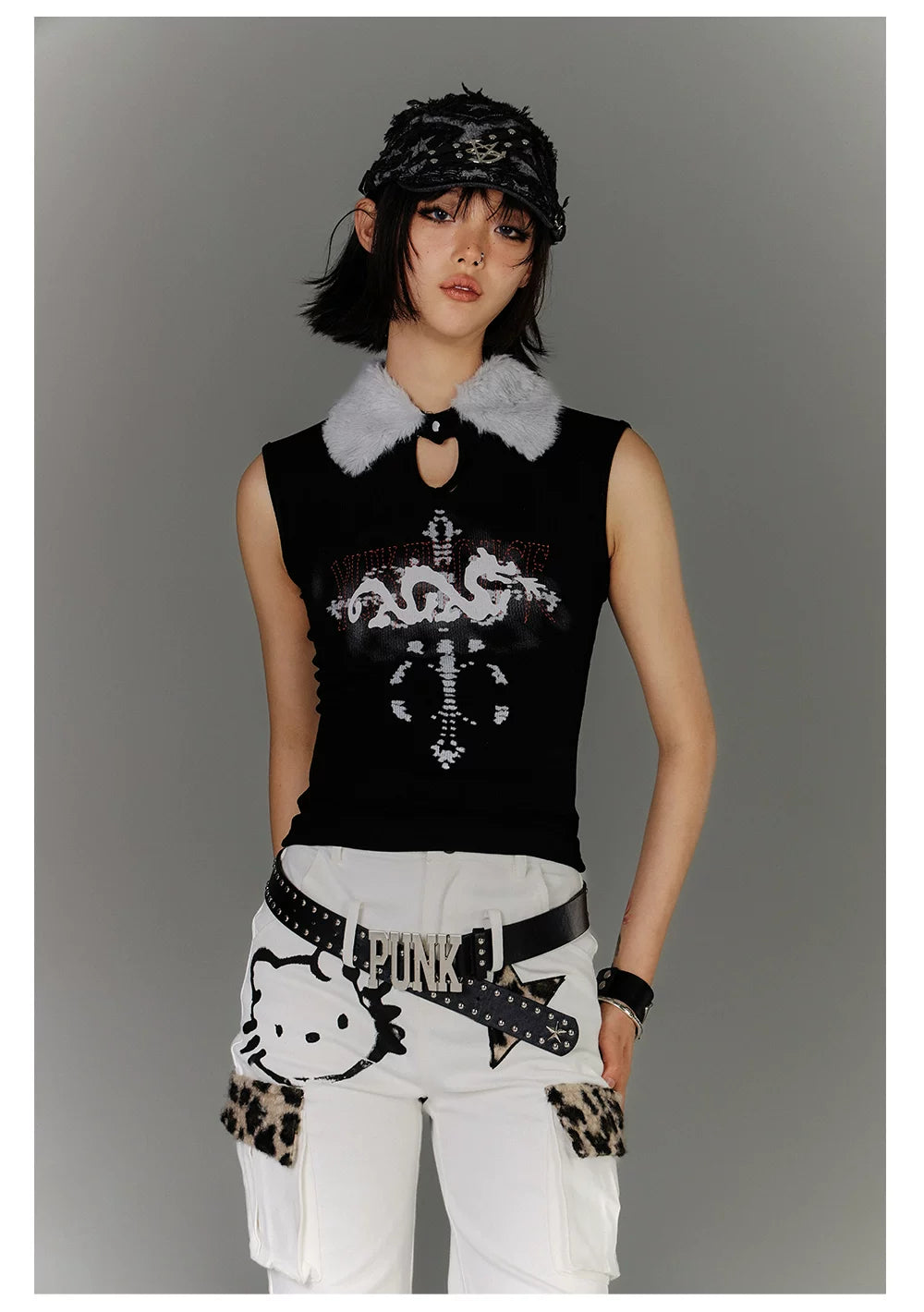 Fake Fur Collar Ribbed Graphic Print Sleeveless T-Shirt