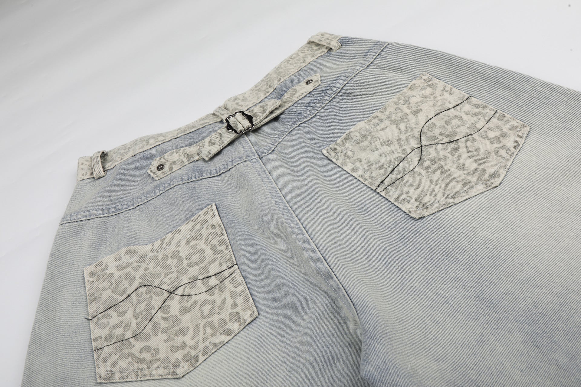 Leopard Print Curved Wide Leg Denim Jeans
