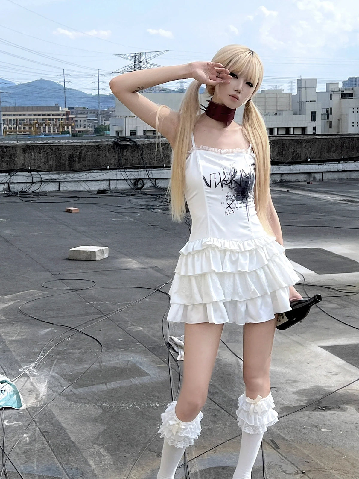 Graffiti Print Satin Lace-Up Ruffled Layered Dress