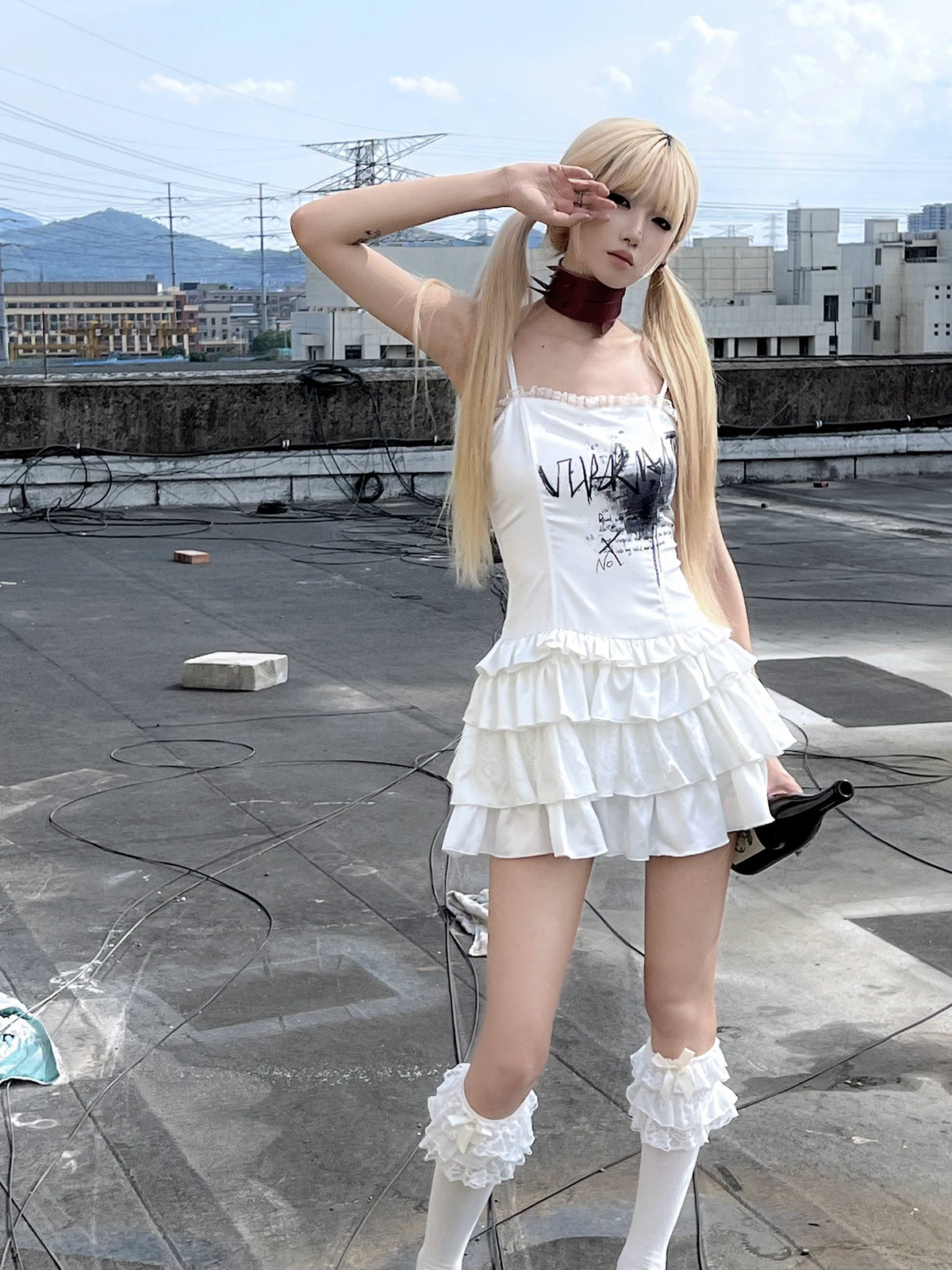Graffiti Print Satin Lace-Up Ruffled Layered Dress