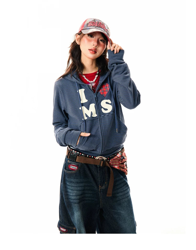 Heart Letter Print Stripe Cropped Zipper Hoodie
