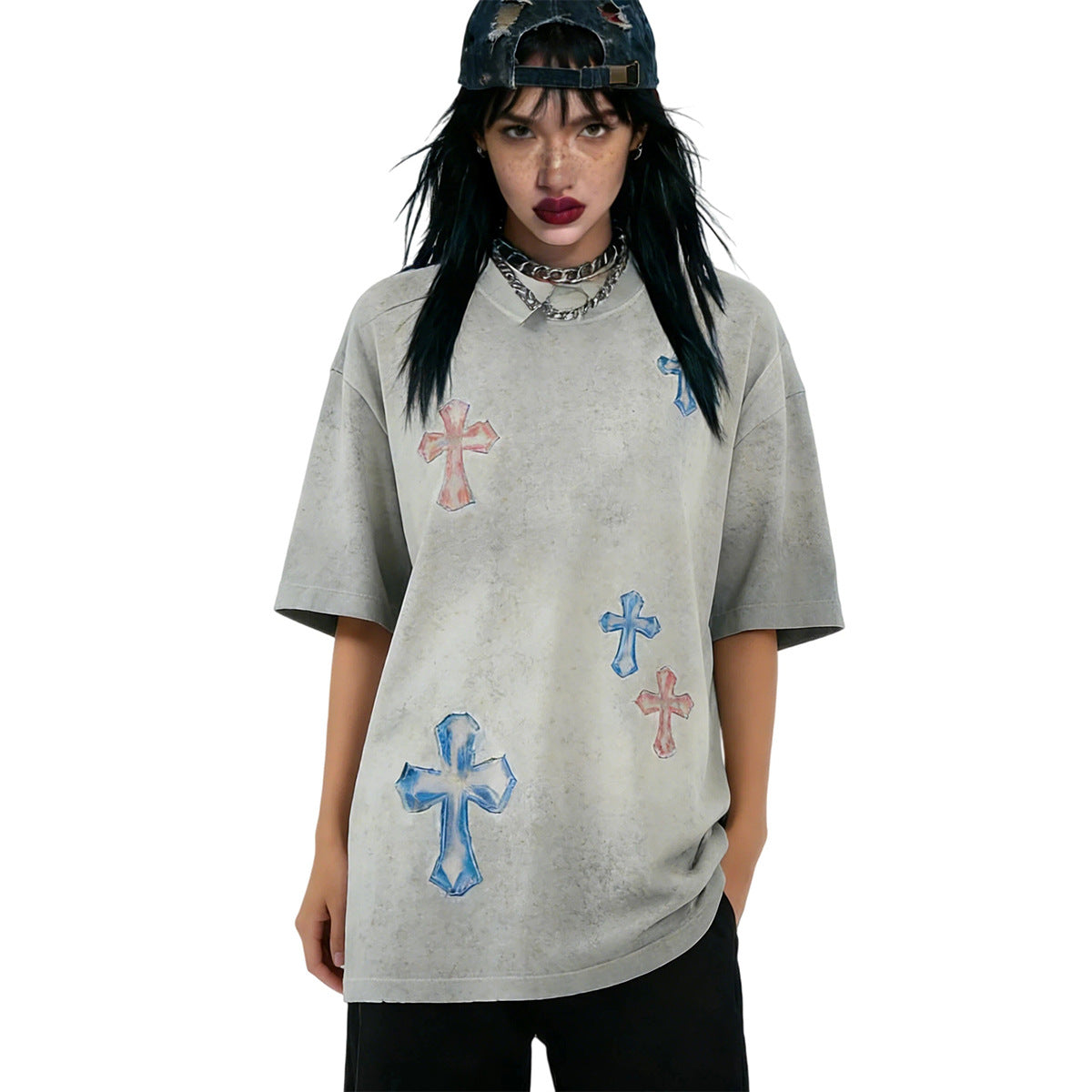 Washed Cross Applique Short Sleeve T-Shirt