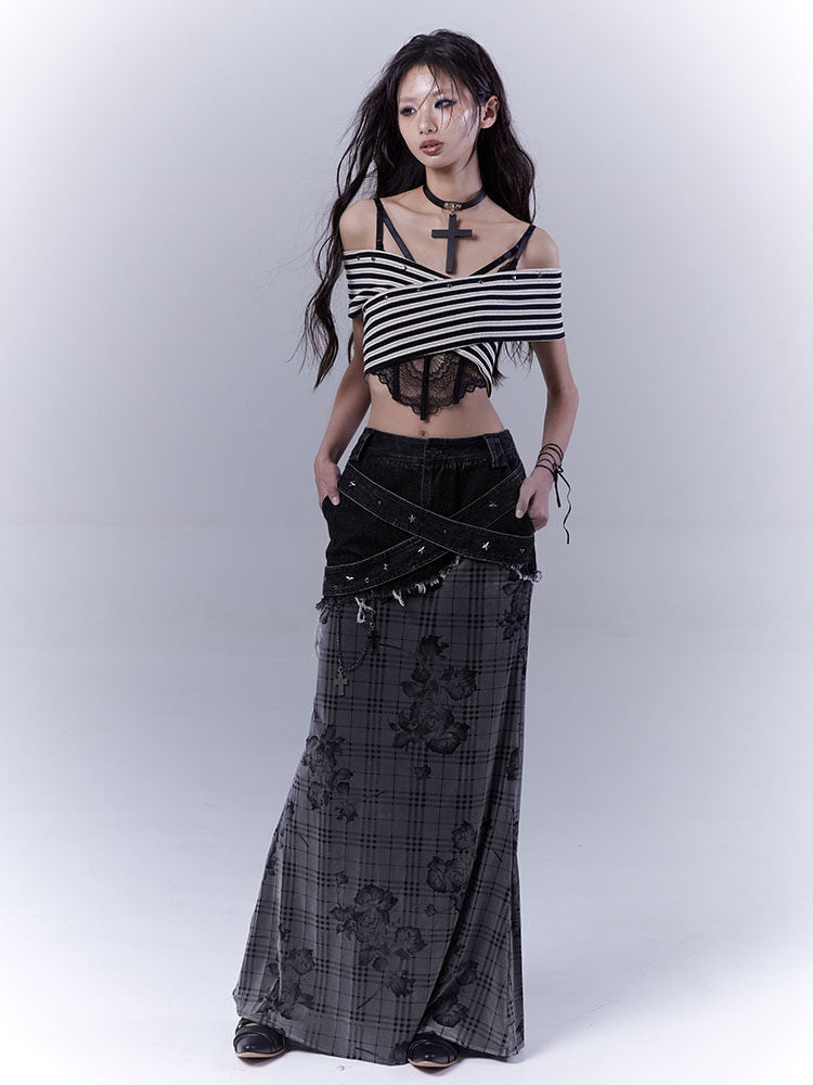 Plaid Rose Low Saturation Denim Skirt