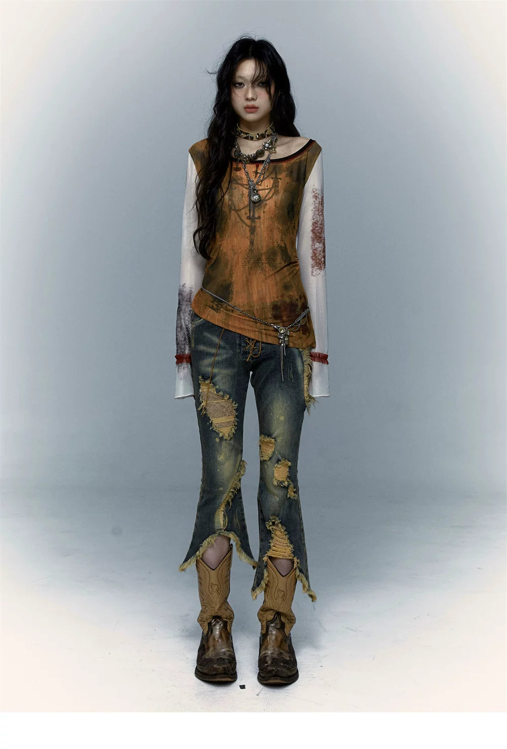 Damage Asymmetric Flare Denim Jeans