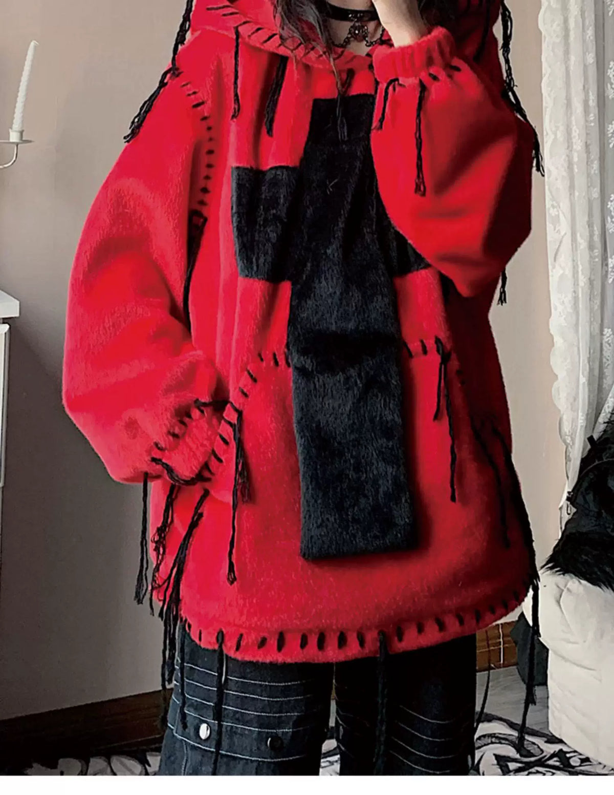 Fake Fur Hooded Cross Detail Hoodie