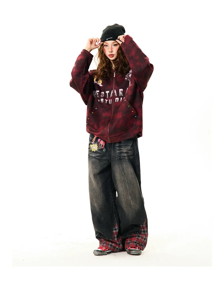 Tie-Dye Letter Print Oversize Zipper Hoodie