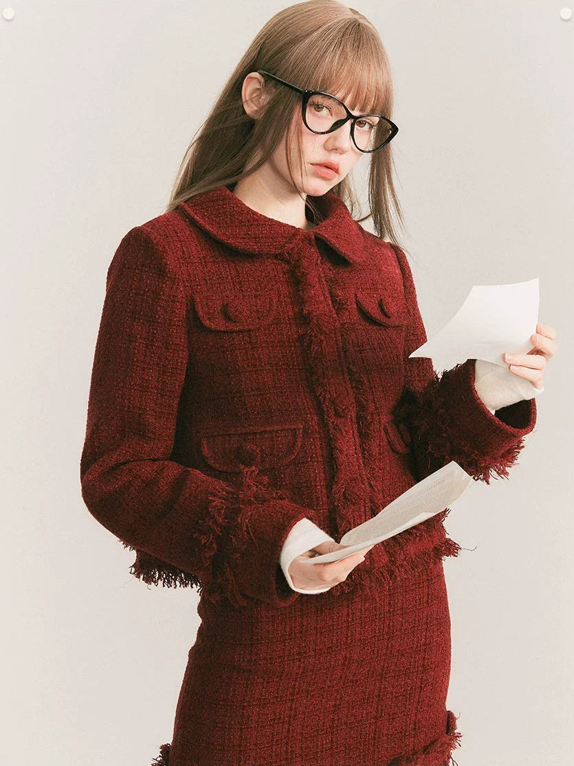 Round Collar Tweed Jacket & A-Line Tweed Skirt Setup
