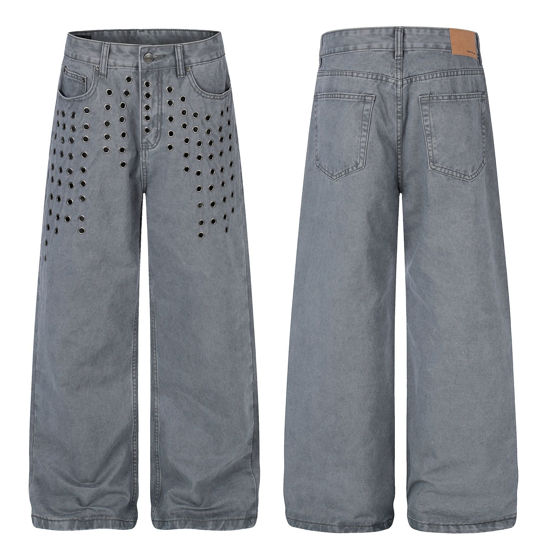 Washed Eyelet Wide Leg Denim Jeans