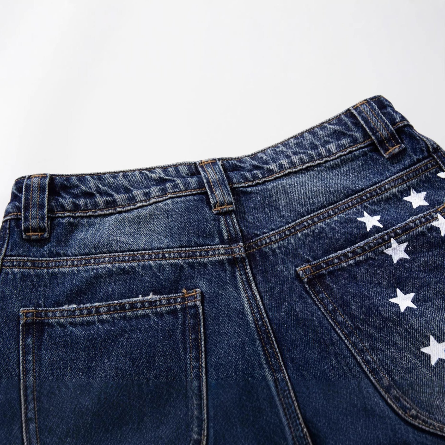 Star Print Curved Wide Leg Denim Jeans
