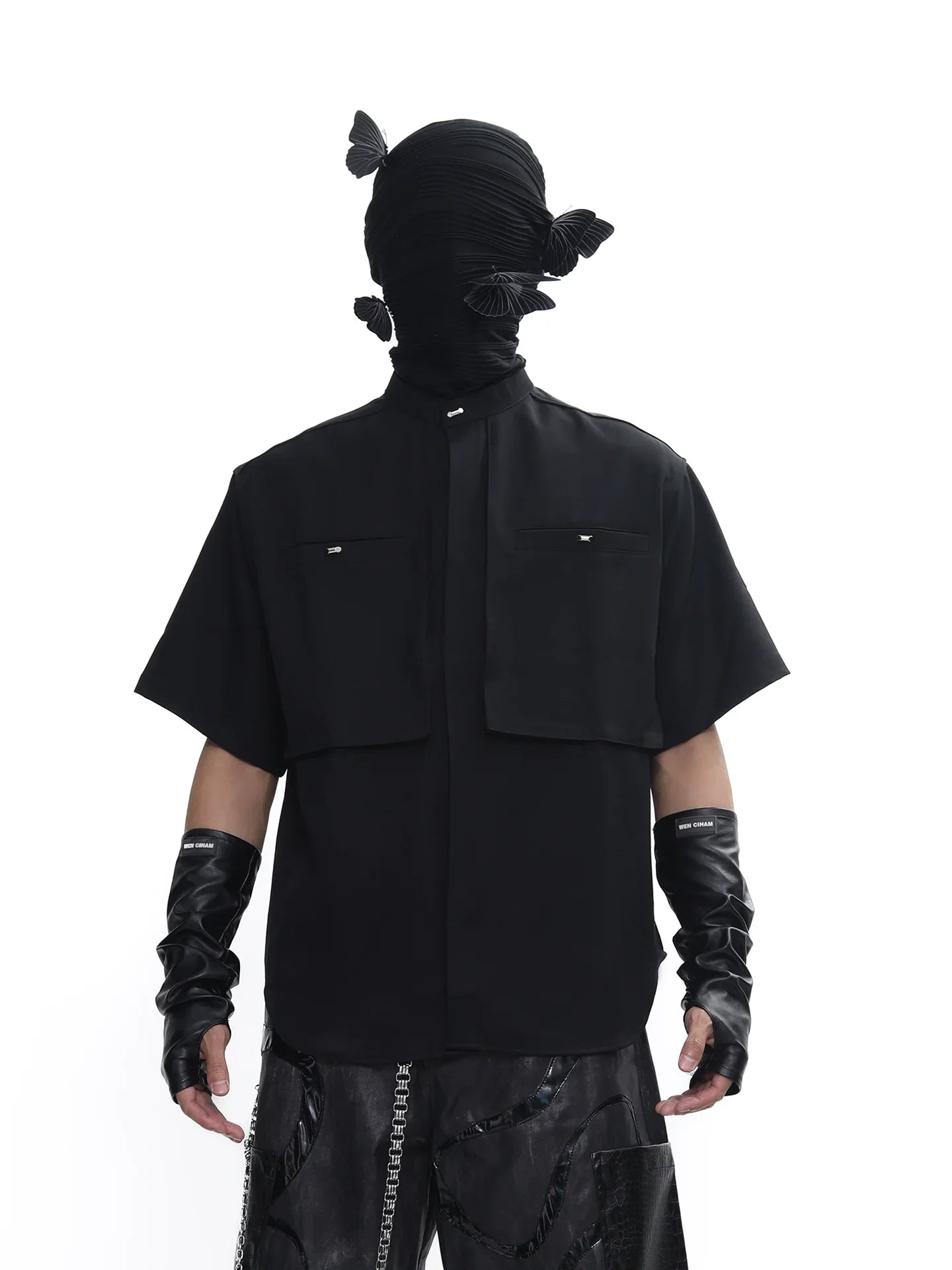 Stand Neck Half-Length Double Placket Pocket Short Sleeve Shirt