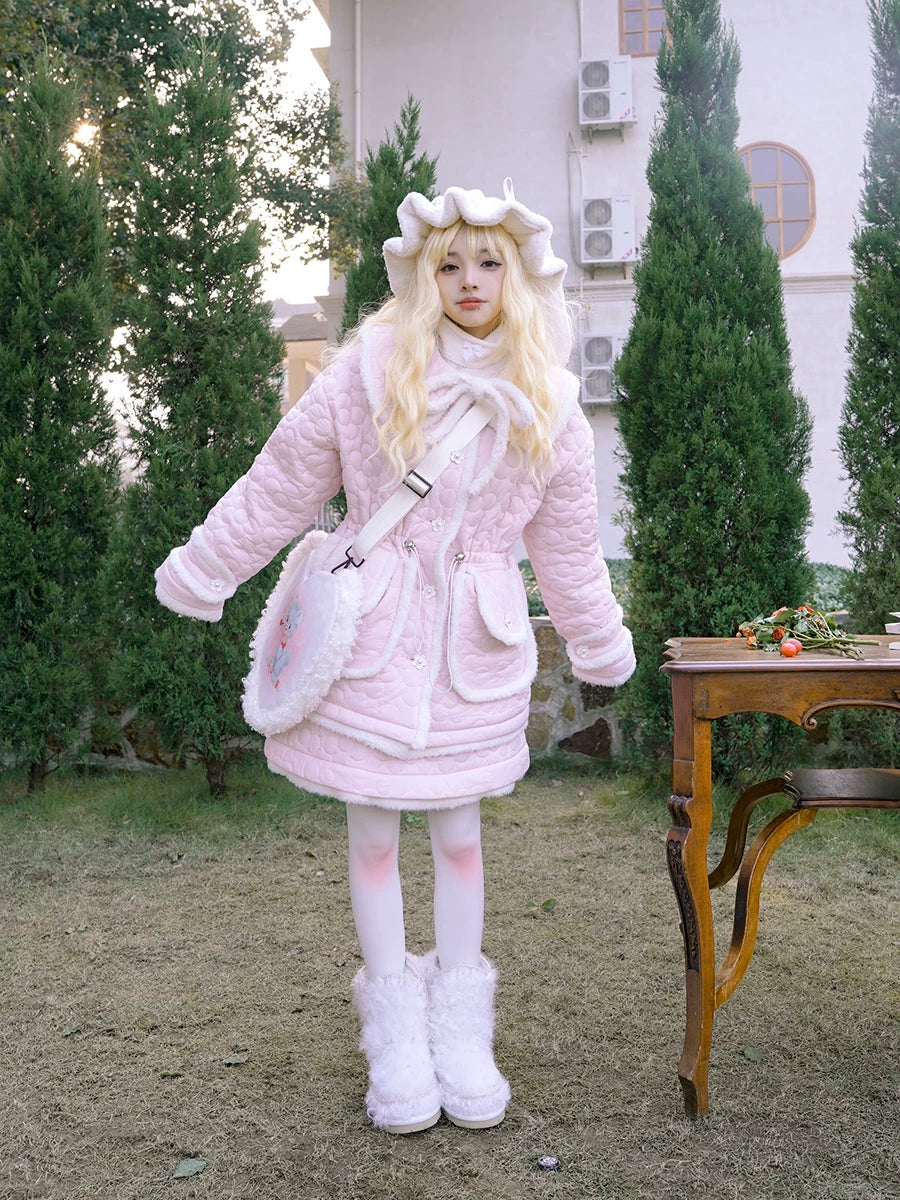 Flower Plush Bow Tie Puffer Jacket