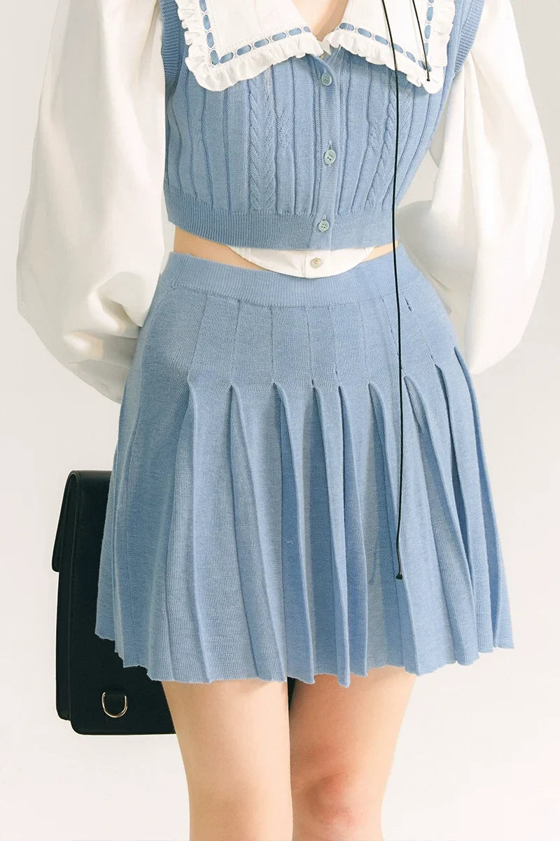 Button Knit Vest & Knit Pleated Skirt Setup