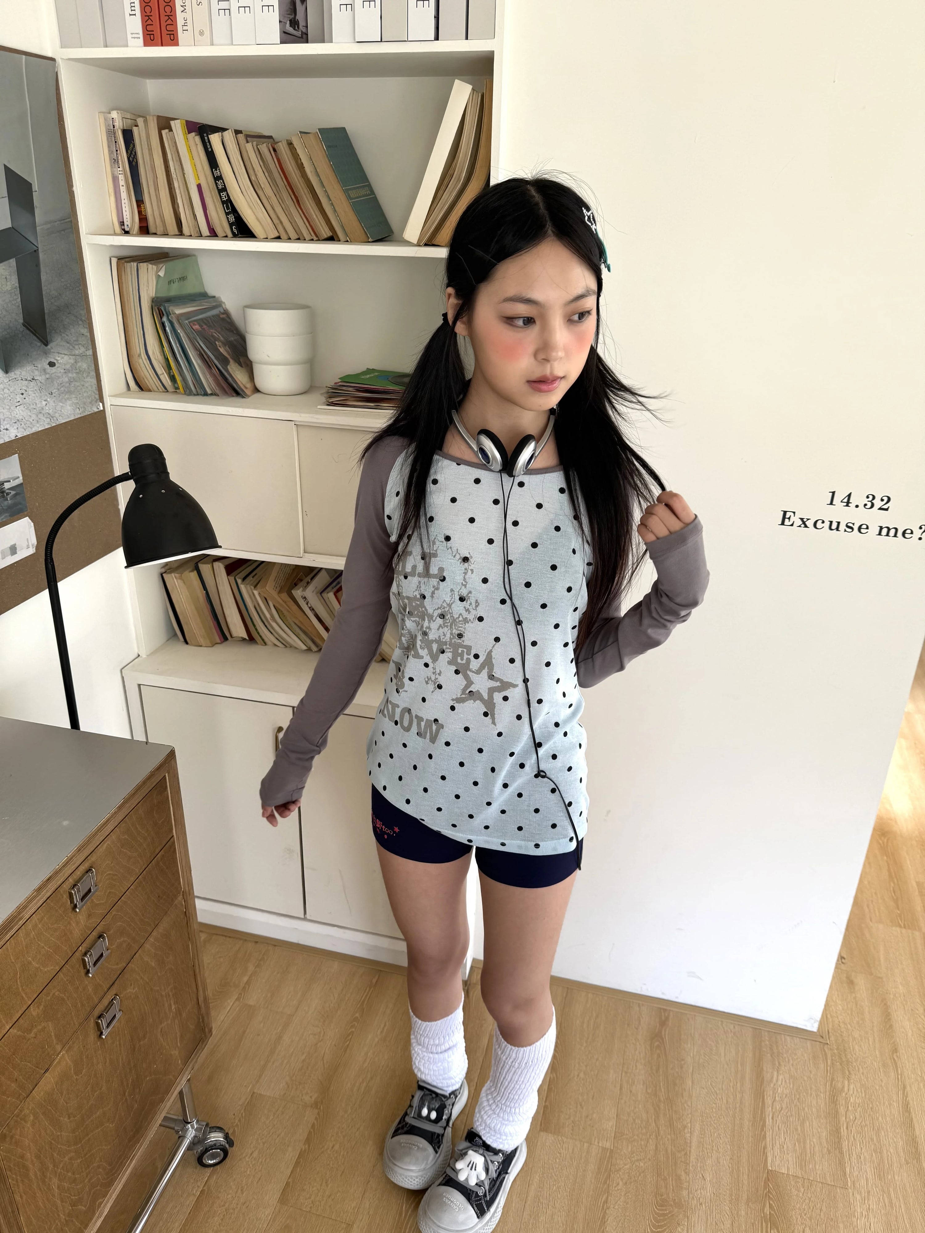 Polka Dot Letter Print Fake Layered Fitted Long Sleeve T-Shirt