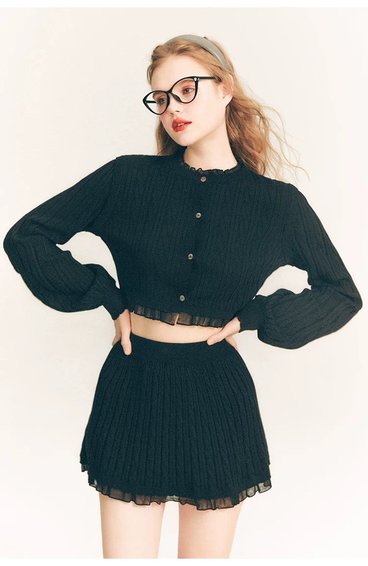 Tulip Button Knit Cardigan & Knit Short Skirt Setup
