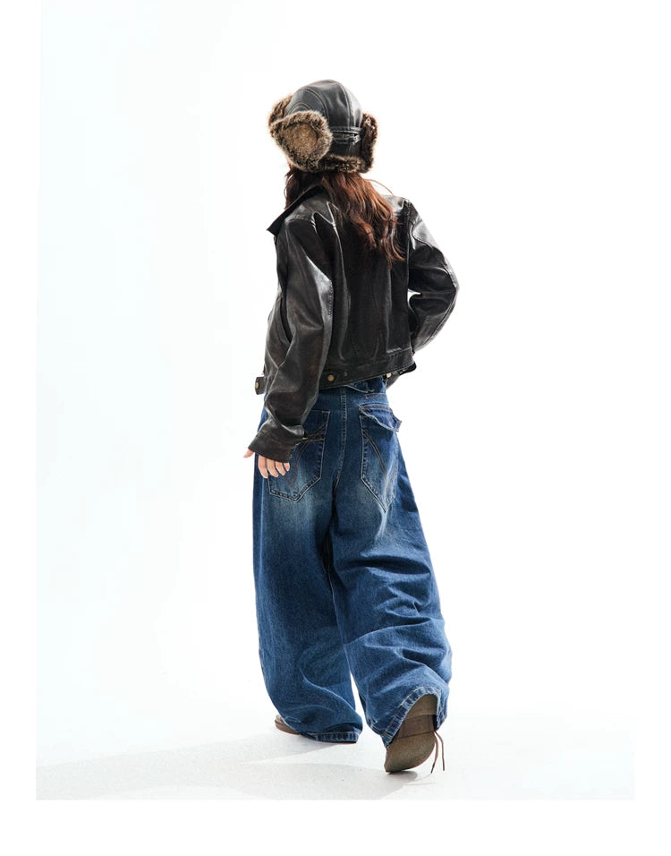PU Leather Washed Zipper Short Length Jacket