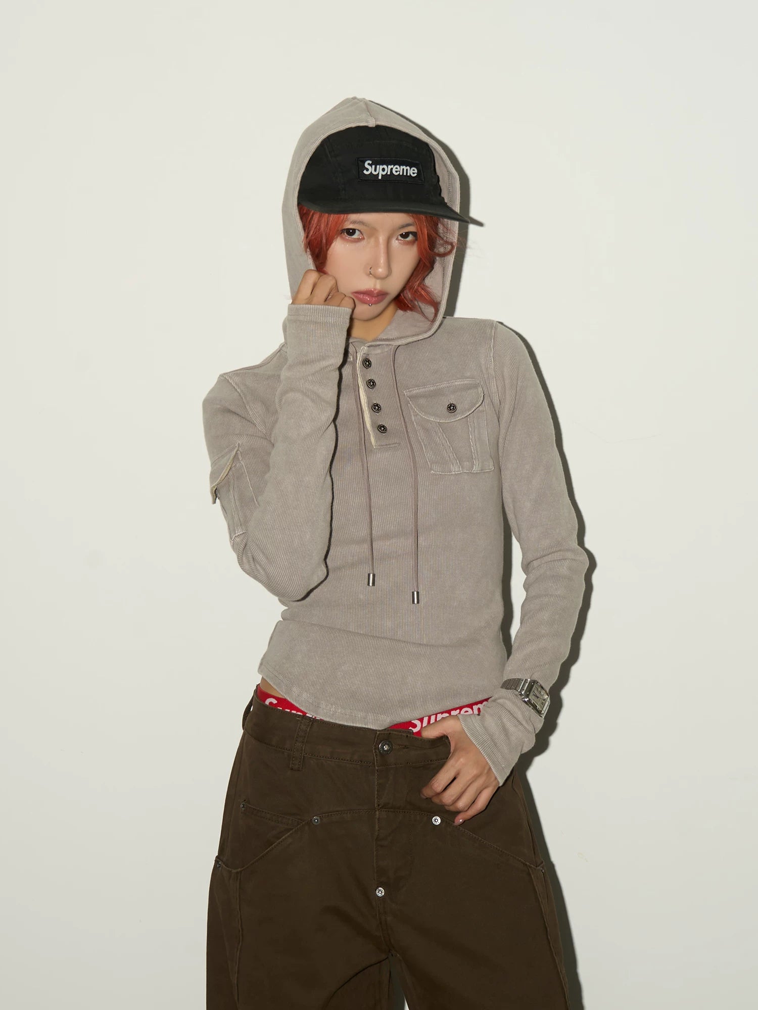 Ribbed Henley Fitted Hooded Long Sleeve T-Shirt