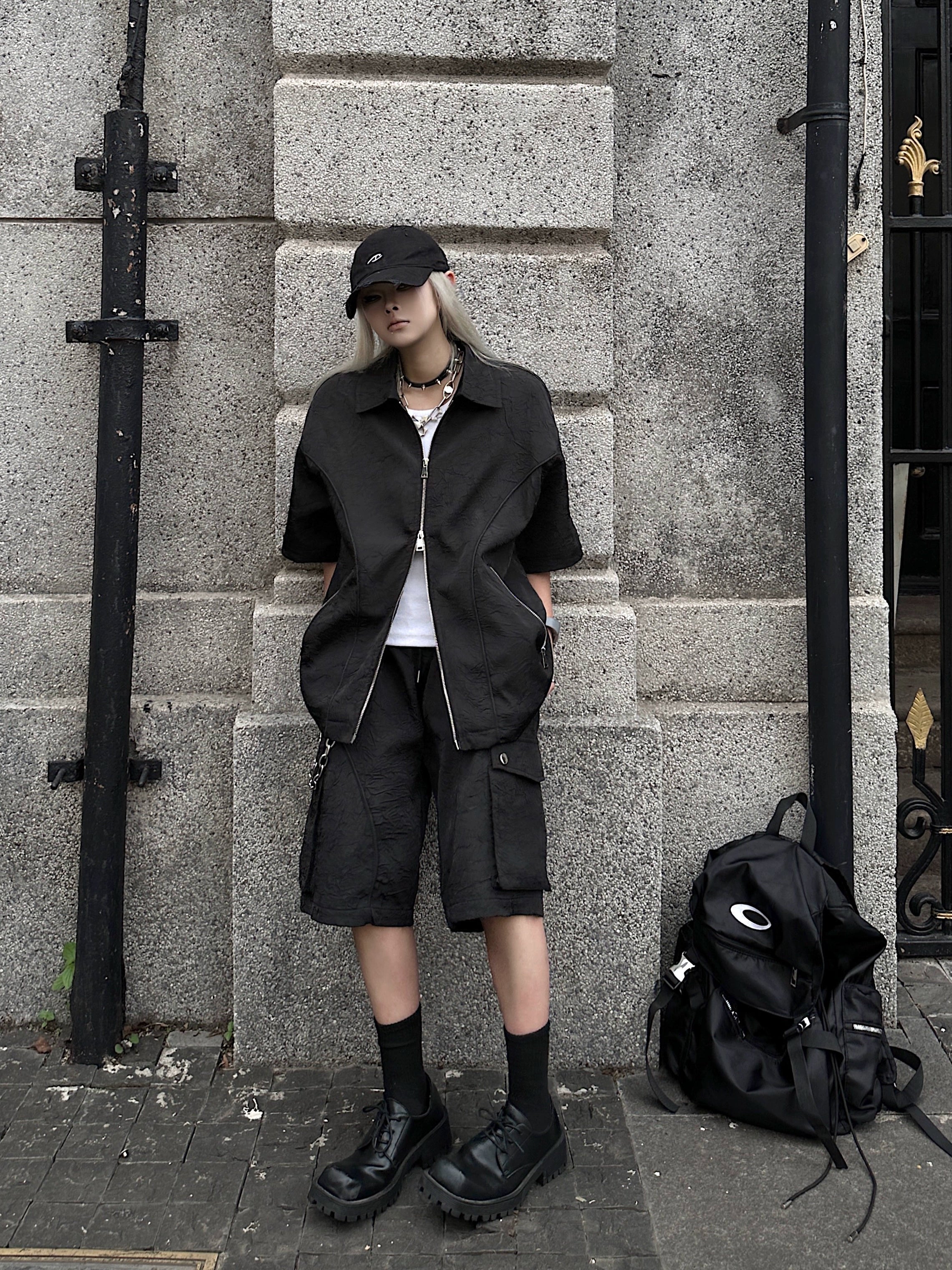 Deconstructed Texture Double Zipper Short Sleeve Shirt