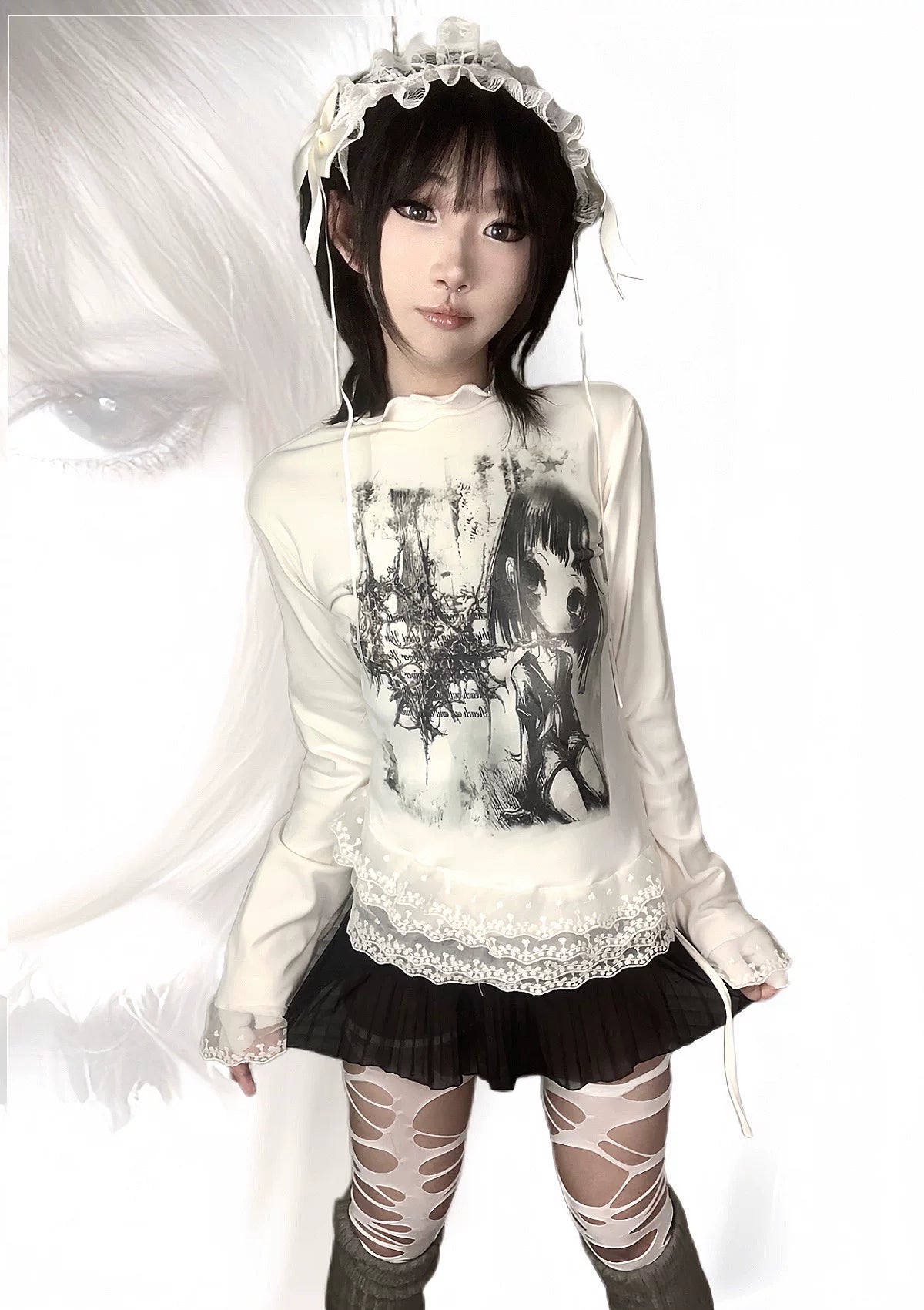 Gothic Emo Girl Fake Layered Lace-Trim Long Sleeve T-Shirt