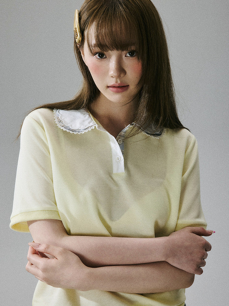 Lace Collar Short Sleeve Polo Shirt