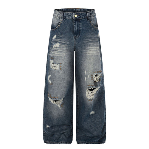 Wide-Leg-Jeans aus Denim mit Waschung und Nieten-Details - Blau / S