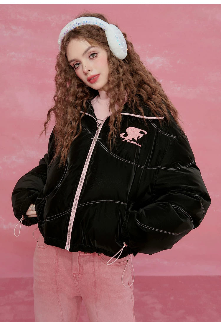 Letter Print High-Neck Short White Duck Down Jacket