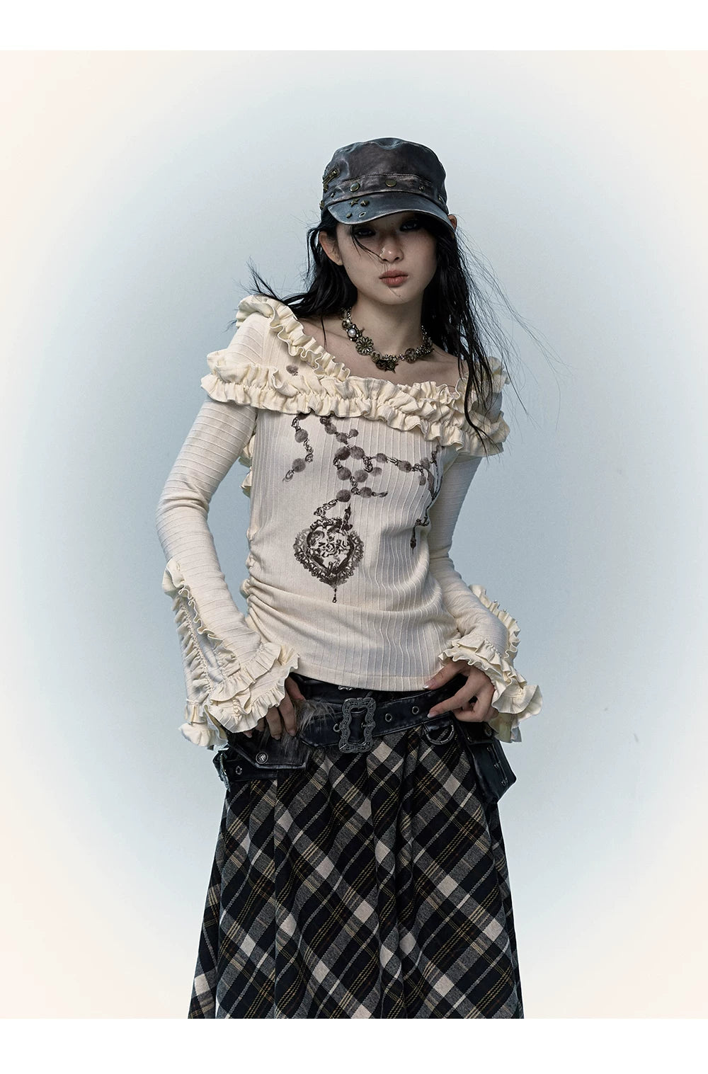 Ruffle Print Flare Sleeve Long Sleeve T-Shirt