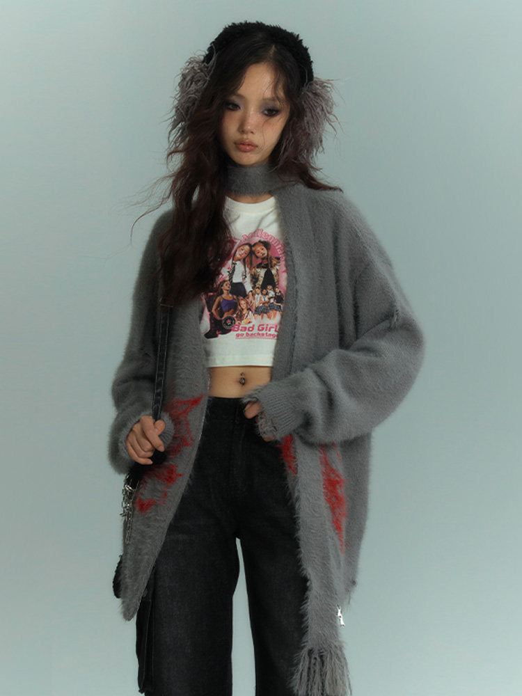V-Neck Fake Mink Damage Zipper Knit Cardigan