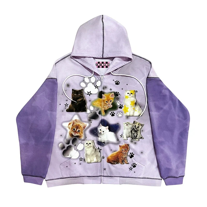 Cat Print Zipper Hoodie