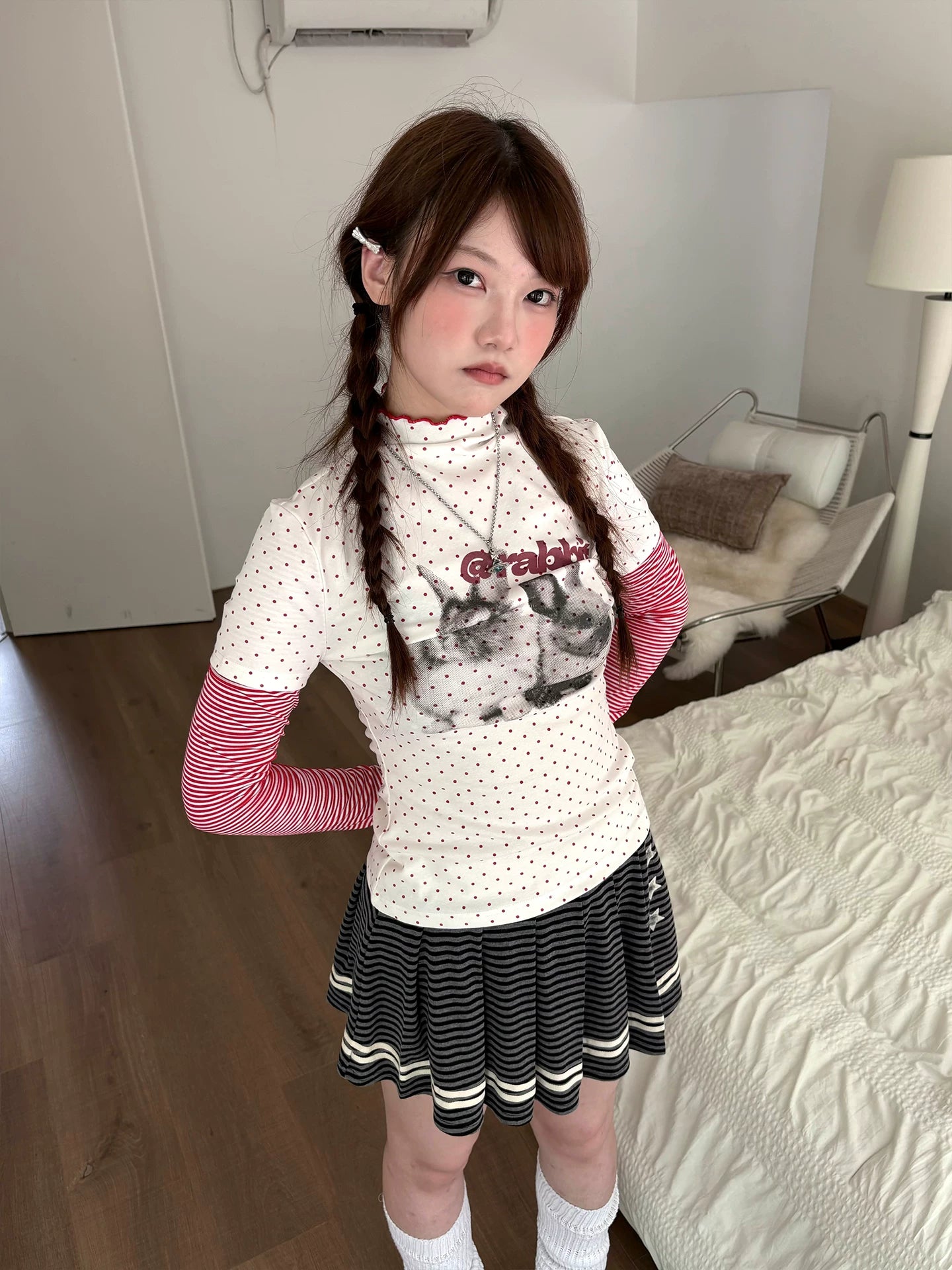Rabbit Print Patchwork High-Neck Long Sleeve T-Shirt
