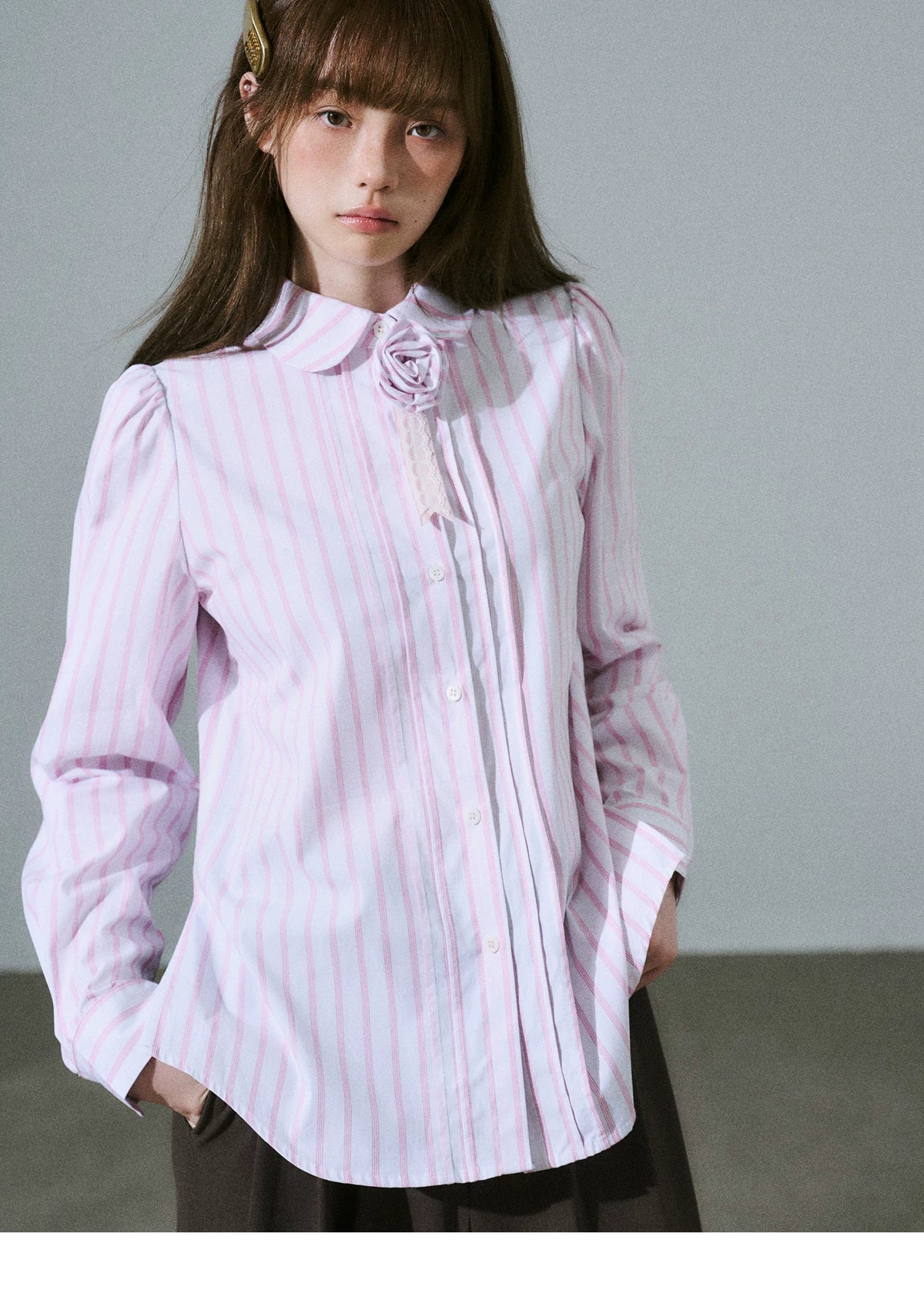 Lace & Flower Detail Stripe Long Sleeve Shirt