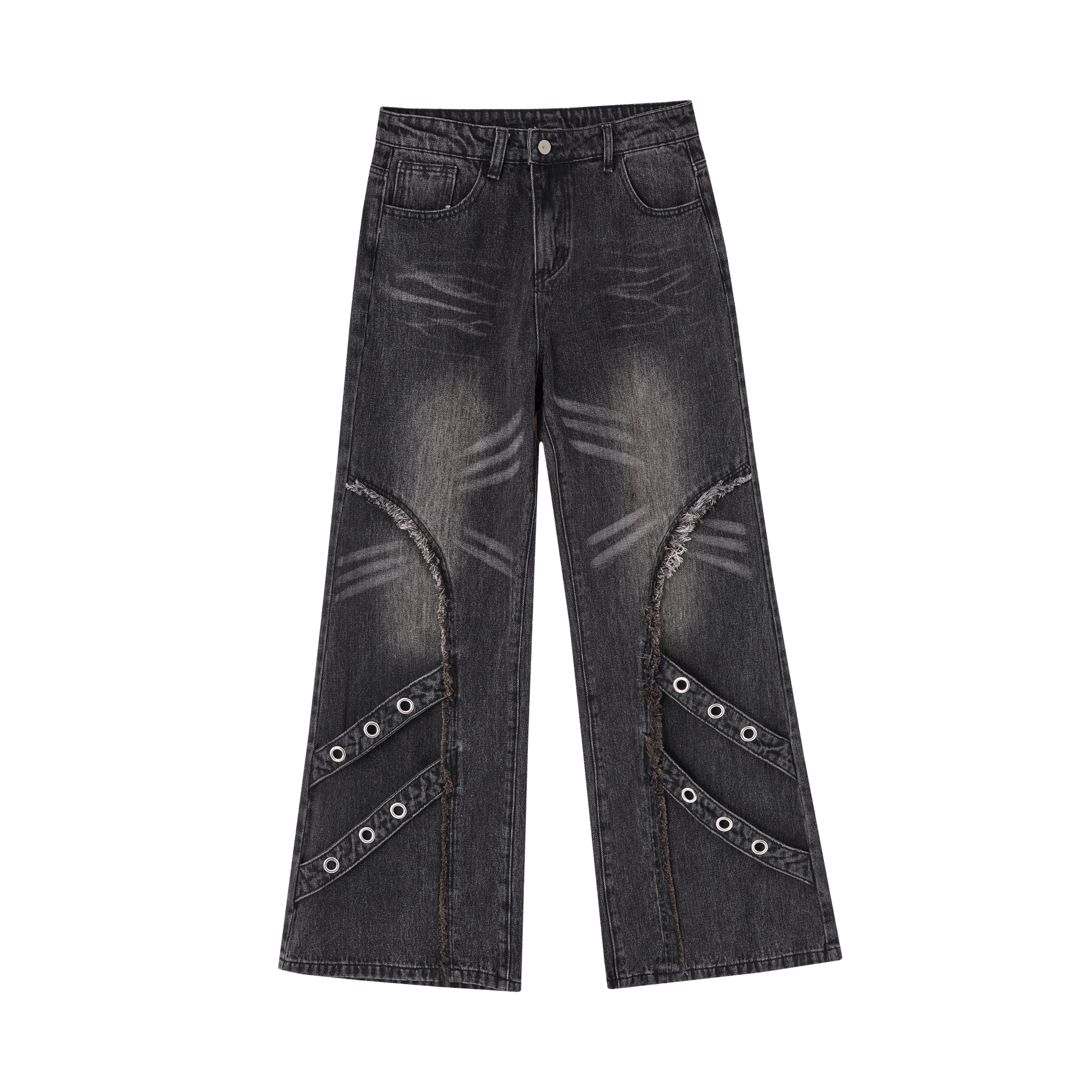 Washed Frayed Wide-Leg Straight Denim Jeans