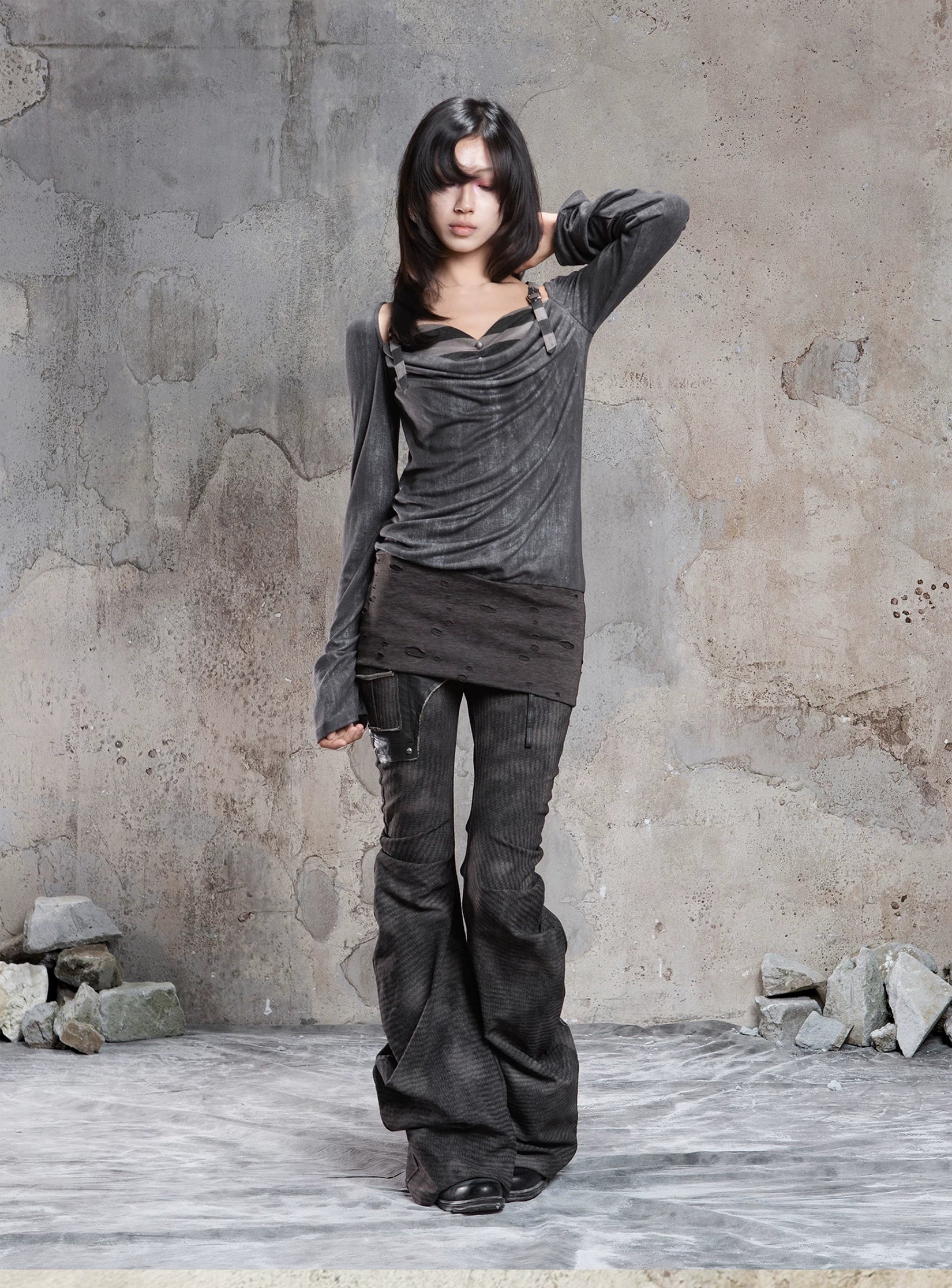 Fake Two-Piece Draped Pleated Mid- Length Slimming Long Sleeve T-Shirts