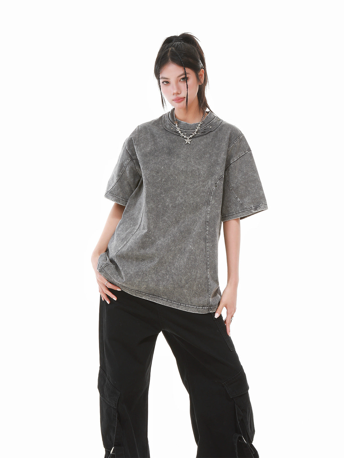 Heavy Washed Fade Stitching Short Sleeve T-Shirt