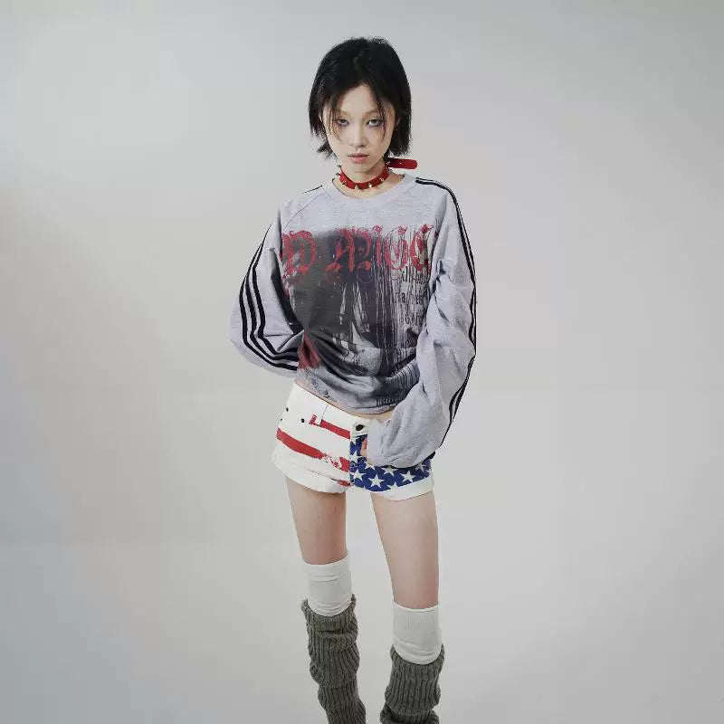 Punk Girl Graphic Gray Long Sleeve T-Shirt