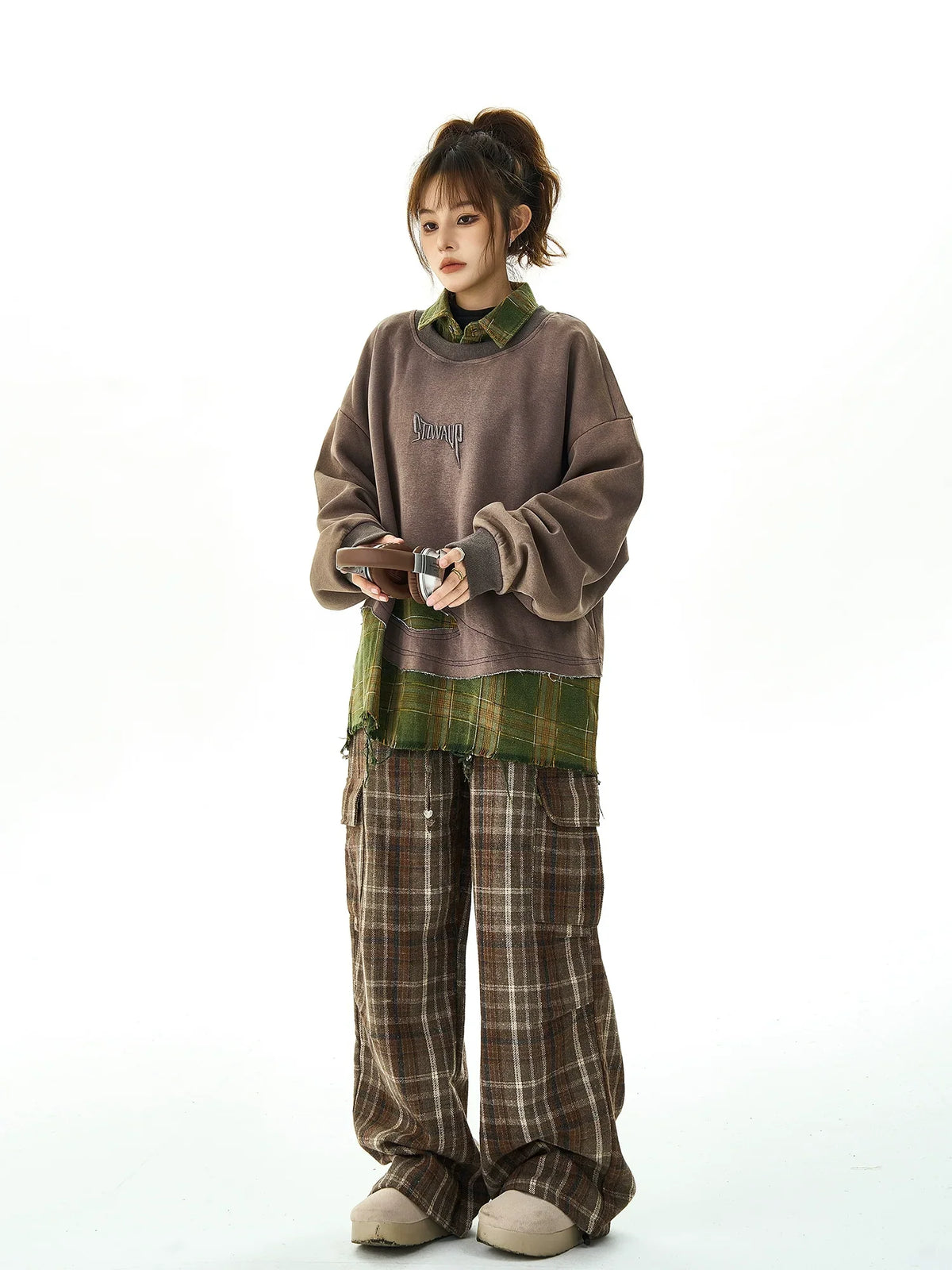 Plaid Stitching Fake Layered Sweatshirt